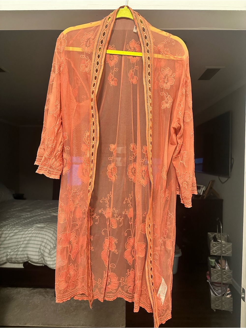 Forever 21 Sheer Floral Lace Robe - Coral